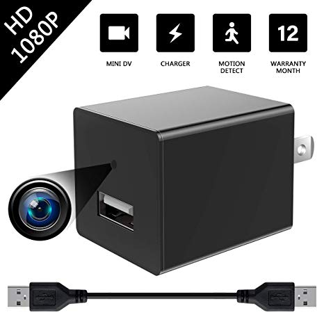 Hidden Camera 1080P HD USB Wall Charger Has Motion Detection and Loop Recording for Use in Security Surveillance of Your Home and Office or as a Mini Nanny Camer