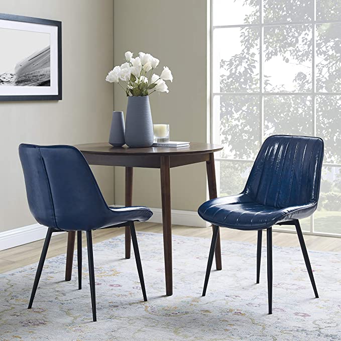 Volans Dining Chairs Modern Mid Century Retro Armless Leather Upholstered Side Chair with Metal Legs for Kitchen Dining Room Living Room Bedroom Desk, Navy Blue (Set of 2)