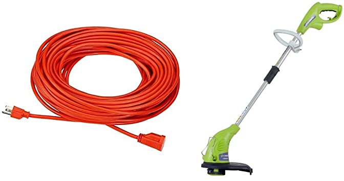 AmazonBasics 16/3 Vinyl Outdoor Extension Cord | Orange, 100-Foot & Greenworks 13-Inch 4 Amp Electric Corded String Trimmer 21212