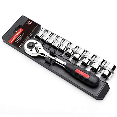 MAXPOWER 11-Piece 3/8" Metric Ratcheting Socket Wrench Set - Quick Release Reversible Ratchet Handle and Swappable Spanners Sockets with Hanging Rack
