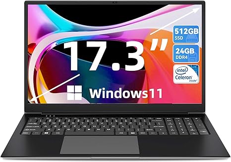 SGIN Laptop, 24GB RAM 512GB SSD, 17 Inch Laptops Computer with Intel Celeron Quad Core Processor(Up to 2.9 GHz), IPS Display, Mini HDMI, Webcam, Wi-Fi,Bluetooth, 512GB Expansion