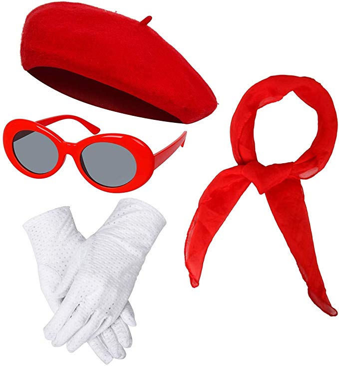 Women Girls French Themed Party Beret Hat Chiffon Scarf Gloves Retro Oval Sunglasses Fancy Dress Costume Accessories Set