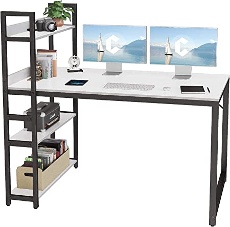 CubiCubi Computer Desk with 4 Tier Storage Shelves on Left or Right, 140x60x117 cm Study Writing Table with Bookshelf for Home Office, Modern Simple Style, Steel Frame, White