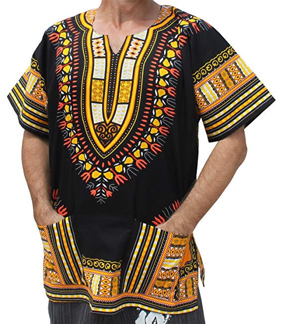 Raan Pah Muang Brand Unisex Bright African Black Dashiki Cotton Shirt