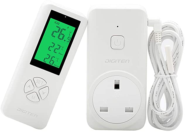 DIGITEN Wireless Programmable Thermostat Plug, Digital Temperature Controlled Outlet Heating & Cooling Mode Remote Control, with 2m/6ft NTC Temp Sensor Probe (Outlet Detect Temperature)