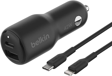 Belkin BoostCharge Dual Car Charger 42W w/Fast Charge USB-C 30W PPS & 12W USB-A Ports   USB-C to Lightning Cable for Apple iPhone 14, Plus, Pro, Pro Max, iPhone 15, Samsung Galaxy S23, & More - Black