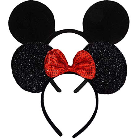 Pack of 2 Mickey Minnie Mouse Ears, Minnie Mouse Red Bow Sparkled Headband for Baby Boys Girls Birthday Party (Red Sparkled Black)