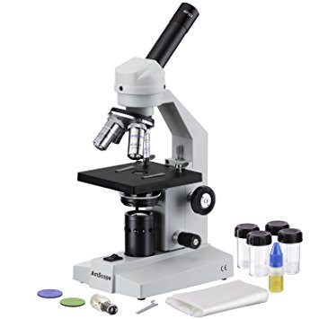 AmScope M500 Monocular Compound Microscope, WF10x Eyepiece, 40x-1000x Magnification, Anti-Mold Optics, Tungsten Illumination, Brightfield, Abbe Condenser, Coarse and Fine Focus, Plain Stage