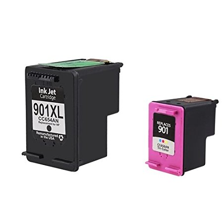 2 Pack of Remanufactured Ink Cartridges for HP 901XL (CC654AN), HP 901 (CC656AN) - 1 Black, 1 Color