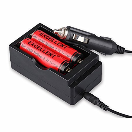 EXCELLENT 2 Pack 2600mAh 3.7V 18650 Lithium ion Rechargeable Batteries with 12V Car Charger
