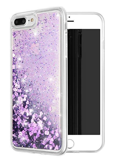 iphone 7 Plus Case, iPhone 8 Plus Case, WORLDMOM Double layer Design Bling Flowing Liquid Floating Sparkle Colorful Glitter Waterfall TPU Protective Phone Case for Apple iPhone 7 plus, Purple