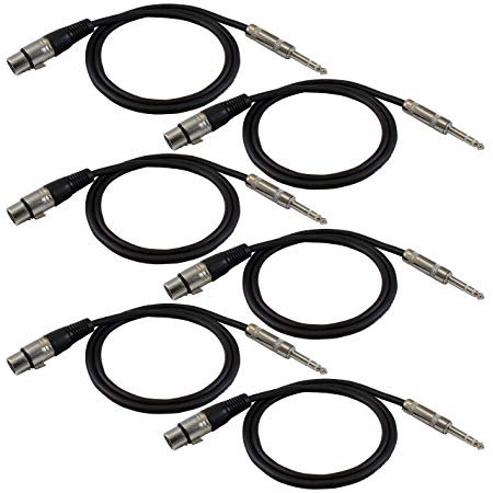 GLS Audio 3ft Patch Cable Cords - XLR Female To 1/4" TRS Black Cables - 3' Balanced Snake Cord - 6 PACK