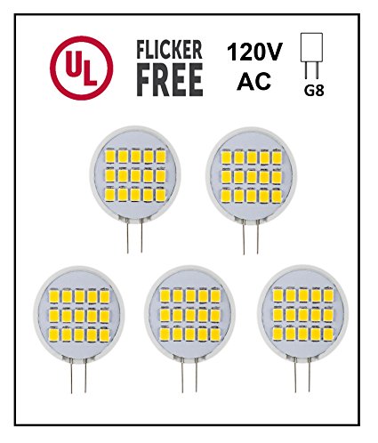CBConcept UL-Listed Side-Pin G8 LED Light Bulb, 5-Pack, 1.6 Watt, 200 Lumen, NOT Dimmable, Warm White 3000K, 180°Beam Angle, Ceramic Sunflower, 20W Equivalent, Under Cabinet/Counter Puck Kitchen Light