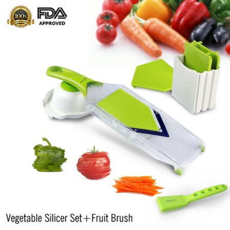 Mandoline Slicer-Asscom® Vegetable Slicer-Food Slicer-Vegetable Cutter-Cheese Slicer - Vegetable Julienne Slicer with Surgical Grade Stainless Steel Blades,One Pcs Kitchen V Slicer Stainless Steel Vegetable Julienne Slicer One Pcs Vegetable Brush, 4-Blade Slicer