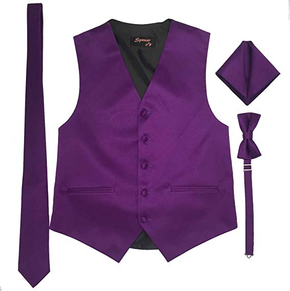 Spencer J's Men’s Formal Tuxedo Suit Vest Tie Bowtie and Pocket Square 4 Peace Set Verity of Colors