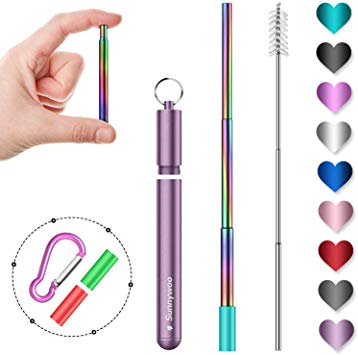 Sunnywoo Collapsible Reusable Straws,Portable Stainless Steel Metal Drinking Foldable Straw with Lavender Travel Case & Cleaning Brush & Keychain & Silicon Tips for Adults and Kids (Rainbow Straw)