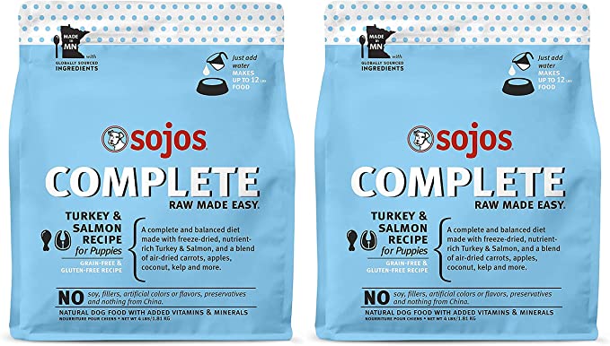SOJOS 2 Pack of Complete Freeze-Dried Raw Food for Puppies, 4 Pounds Each, Turkey and Salmon Recipe, Grain- and Gluten-Free