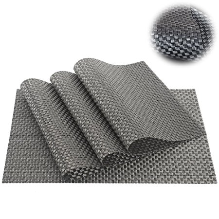 MATE PVC Placemats Exquisite Durable Woven Vinyl Dinning Table Mats No Slip Heat Insulation Placemat Set of 6(Gray)