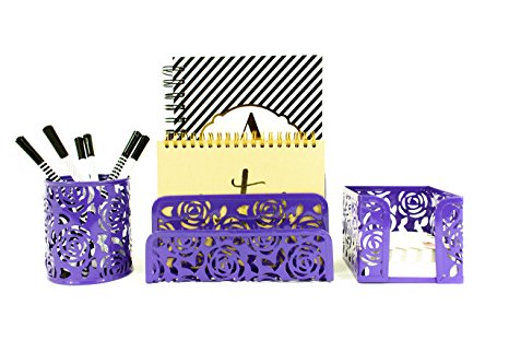 Blu Monaco Purple Desk Organizer for Women - 3 Piece Desk Accessories Set - Letter-Mail Organizer, Sticky Note Holder, Pen Cup - Purple Rose Pattern
