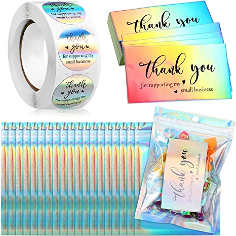 620 Pieces Thank Cards and Stickers Set Thank Gold Foil Stickers Thank for Supporting My Small Business Stickers with Resealable Packaging Bag, Suitable for Business Owners(Holographic)