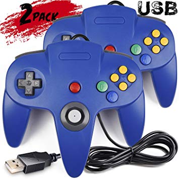 2 Pack iNNEXT Classic Retro N64 Bit USB Wired Controller for Windows PC MAC Linux Raspberry Pi 3 (Blue)