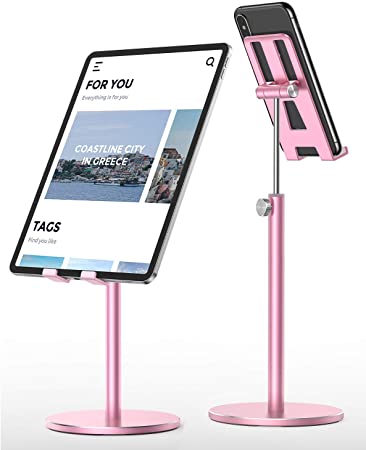 LISEN Tablet Stand, Upgraded Stable iPad Stand Holder All Aluminum Alloy, Angle Height Adjustable iPad Holder for Desk Case Friendly for 4.7"-12.9" Phones/iPad/Tablets/Switchs/Kindles - Pink