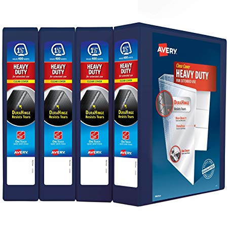 Avery 1.5" Heavy Duty View 3 Ring Binder, One Touch Slant Ring, Holds 8.5" x 11" Paper, 4 Navy Blue Binders (79871)