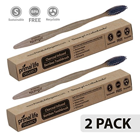 Charcoal Ion Toothbrush 2 pack- Help Eliminate Bad Breath, Kill Bacteria & Reduce Stains - Clean, Detoxify, Whiten & Remove Plaque 100% Naturally! - Primal Life Organics