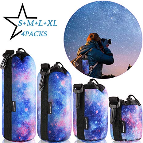 Lens Case Protective Pouch Bag, DSLR Camera Lens Neoprene Storage Set for Sony, Canon, Nikon, Panasonic, Individual Waterproof Drawstring Sacks with Snap Hook, S M L XL 4 Pack, Mysterious Starry Sky