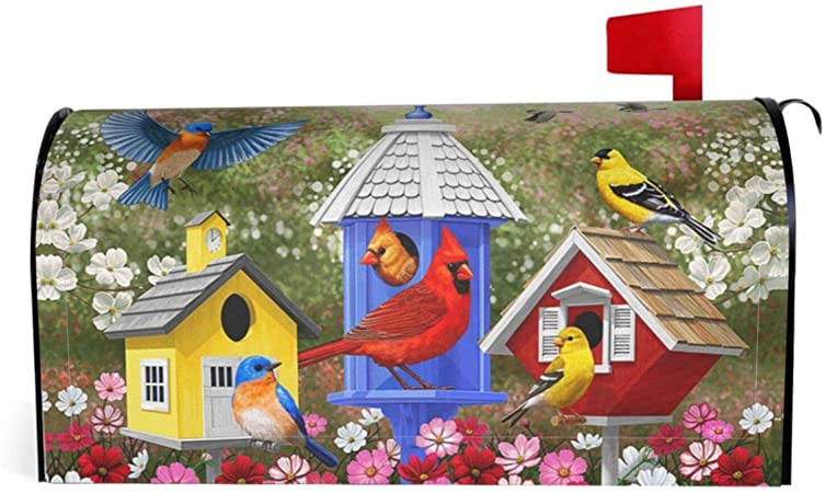 Granbey Cardinal Birds Waterproof Magnetic Mailbox Covers Cute Animals Color Red Bird Dust-Proof Letterbox Cover Colorful Bird's Nest Sun Protection Polyester Postbox Covers Home Yard Decor 18" X 21"