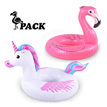 HIWENA Unicorn and Flamingo Float 2 Pack, Inflatable Flamingo Pool Float for Summer Fun, Unicorn Pool Party for Adult