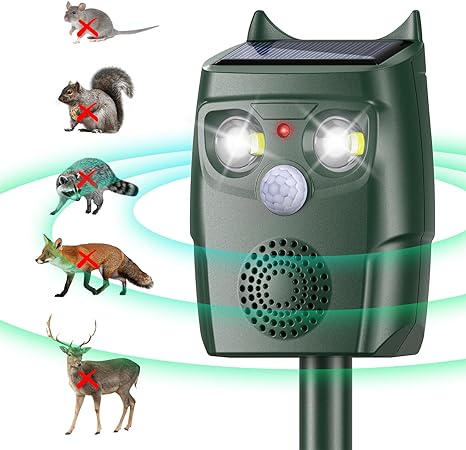 Animal Deterrent, Solar Powered Squirrel Repellent with Motion Sensor, Waterproof Outdoor Animal Repellent Chase Device with Flashing-Light for Bird Skunk Raccoon Cat Bobcats, Frequency 18kHZ