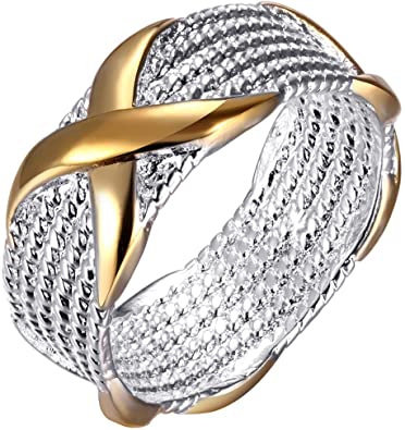 LWLH Jewelry Womens 925 Sterling Silver Plated Fashion Gold X Criss Cross Eternity Ring Wedding Band