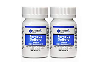 RELIABLE 1 LABORATORIES Ferrous Sulfate Iron supplement (325 mg, 100 Tablets/ea, 2 pack) Generic for Feosol - IRON SUPPLEMENT