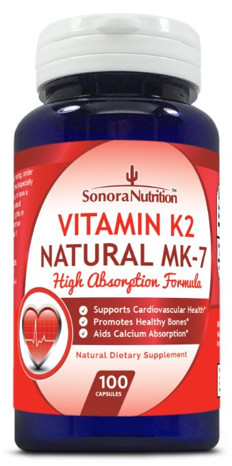 Sonora Nutrition Vitamin K2 Natural MK-7 High Absorption Formula 100 mcg, 100 Capsules