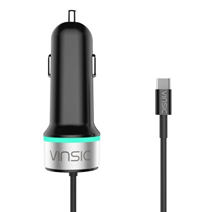 Vinsic® USB Type C Car Charger Adapter with 5.4A Type-C Cable and Standard USB A Output for Apple MacBook 12", Nokia N1, Nexus 5X 6P, Lumia 950/950XL, and More.