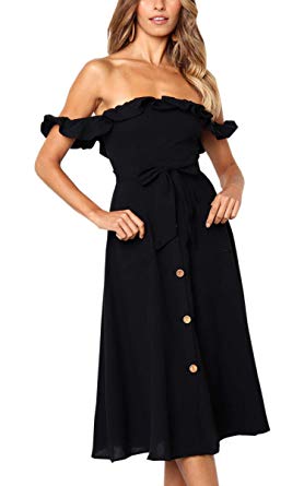 Angashion Women's Sleeveless Off Shoulder Ruffles Midi Long Dress Floral Print Tie Waist Maxi Dress with Pocket