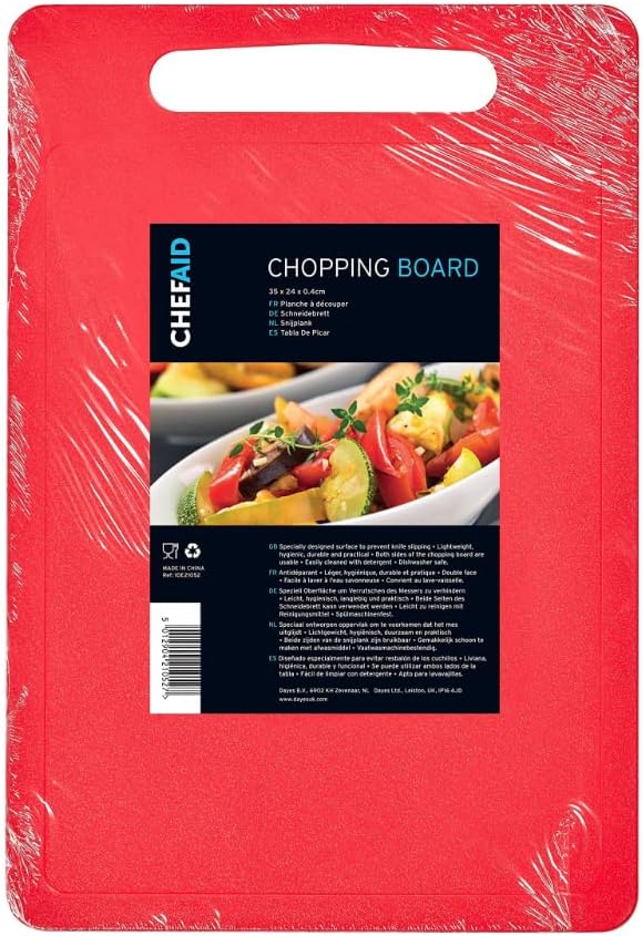 Chef Aid Red Poly Chopping Board, Multipurpose Anti-Slip Surface, Easy Clean and Dishwasher Safe with Handle, 35 x 25cm, Other Colour Options Available