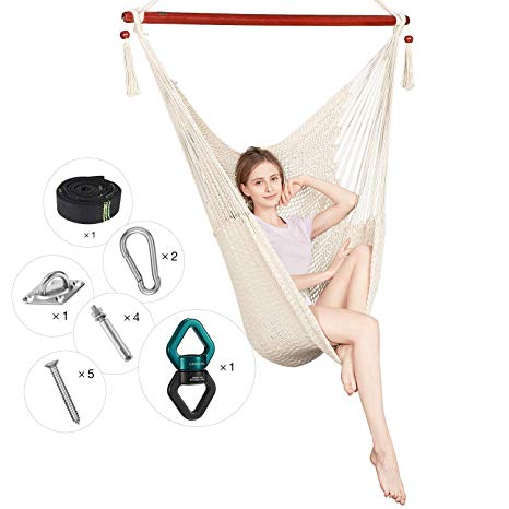 Greenstell Large Caribbean Hammock Hanging Chair with Swing Swivel and Hanging Kits,Frictionless 360° Rotation,Swing Chair 100% Soft-Spun Polyester,for Indoor,Outdoor,Home,Patio,Garden 48 Inch (Cream)