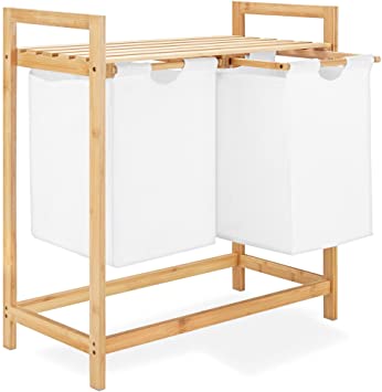 Navaris Bamboo Laundry Hamper - Pull-Out Dirty Clothes Compartment Drawers for Bedroom, Bathroom - Wooden Self Assembled Laundry Compartments