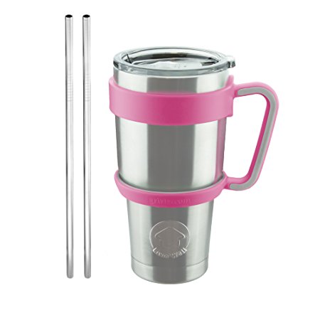 Livin' Well 30oz Tumbler Rambler Mug Set with Handle, Lid and Stainless Steel Straws – Double Walled & Vacuum Sealed To Keep Drinks Cold for 24 Hours – Pink
