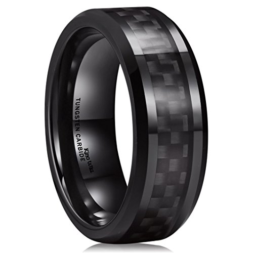 King Will GENTLEMENT 8mm Black Carbon Fiber Inlay Tungsten Carbide Ring Polished Finish Edges Comfort Fit