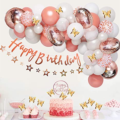 Rose Gold White Balloons Garland Arch Kit, Rose Gold Butterfly Birthday Party Decorations, Happy Birthday Star Banner Cupcake Toppers for 30th 50th Rose Gold Party Decorations Supplies for Women Her