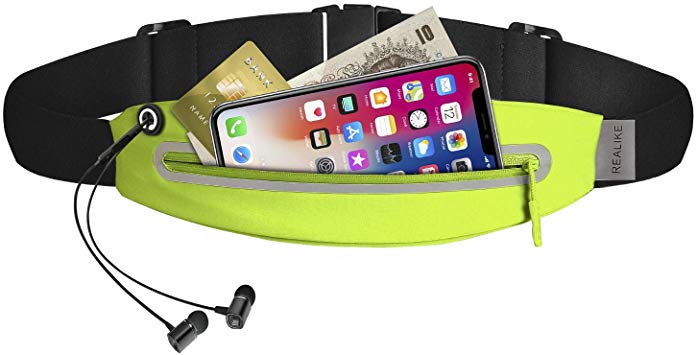 REALIKE Running Belt Waist Sport Pack Bag with Zipper Pocket Pouch Funny Bag with Reflective Adjustable Strip Fit for iPhone Xs max, Xr, Suitable for Cycling, Hiking, Climbing and Outdoor Sport.