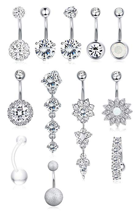 LOLIAS 12 Pcs 14G Dangle Belly Button Rings for Women Girls 316L Surgical Steel Curved Navel Barbell Body Jewelry Piercing