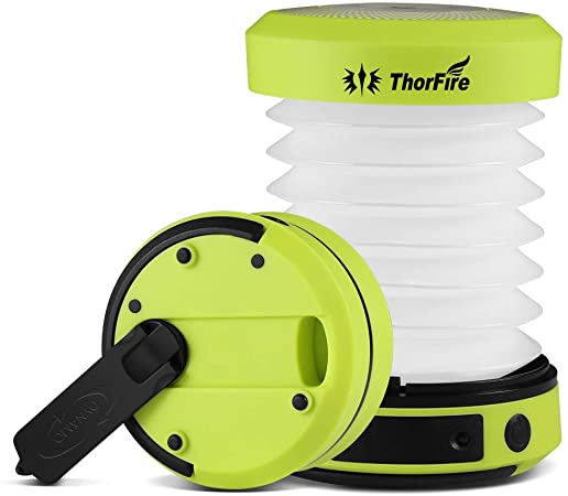 ThorFire LED Camping Lantern, Hand Crank Powered and USB Rechargeable Outdoor Lights, Portable Collapsible Tent Light, Searchlight for Emergency, Hiking, Fishing and Camping