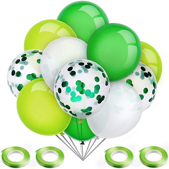 Blulu 60 Pieces Solid Color Latex Balloons Party Decorative Balloons with 4 Rolls Ribbons for Baby Shower Party Wedding Birthday Decoration (Ight Green, Dark Green, White)