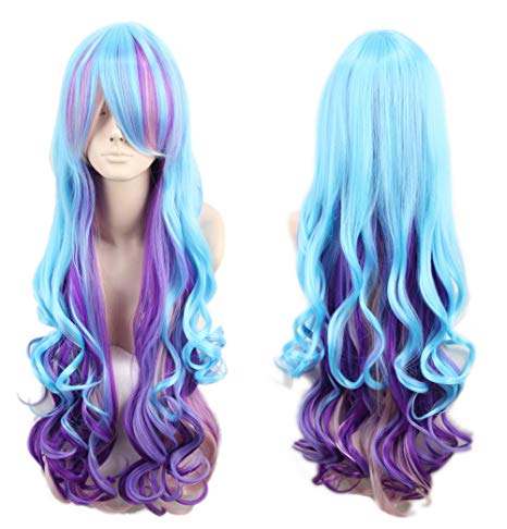 Topcosplay Womens Wigs Curly Long Lolita Unicorn Colorful Princess Celestia Wig Halloween Costume Wig Blue Mixed Purple