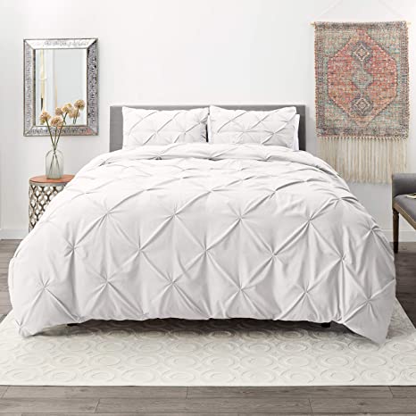 Nestl Bedding 3 Piece Pinch Pleat Duvet Cover Set | White Duvet Cover with 2 Pillow Shams |Microfiber King Duvet Cover Set