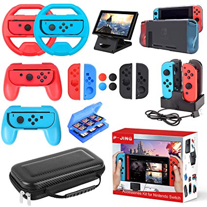 Accessories Kit for Nintendo Switch, 17 in 1 Essential Kit Including Carry Case Games Starter Wheel Grip Controller Charger TPU Cover Joy Con Covers Thumb Caps Game Card Slot Holder
